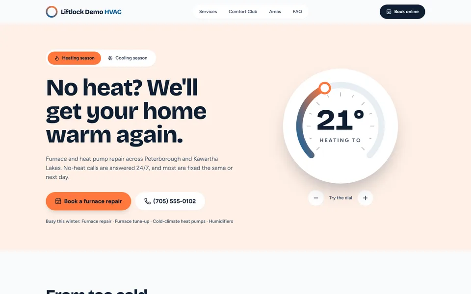 Home page of the Liftlock Demo HVAC sample site